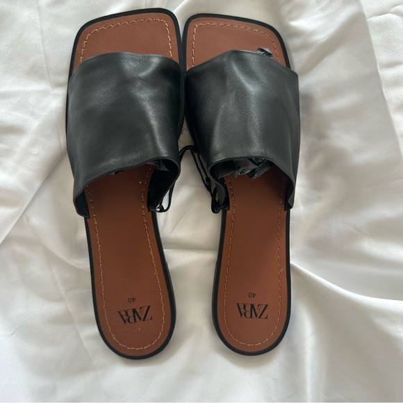 Zara Women's Black Leather Slide Sandals - Picture 3 of 7